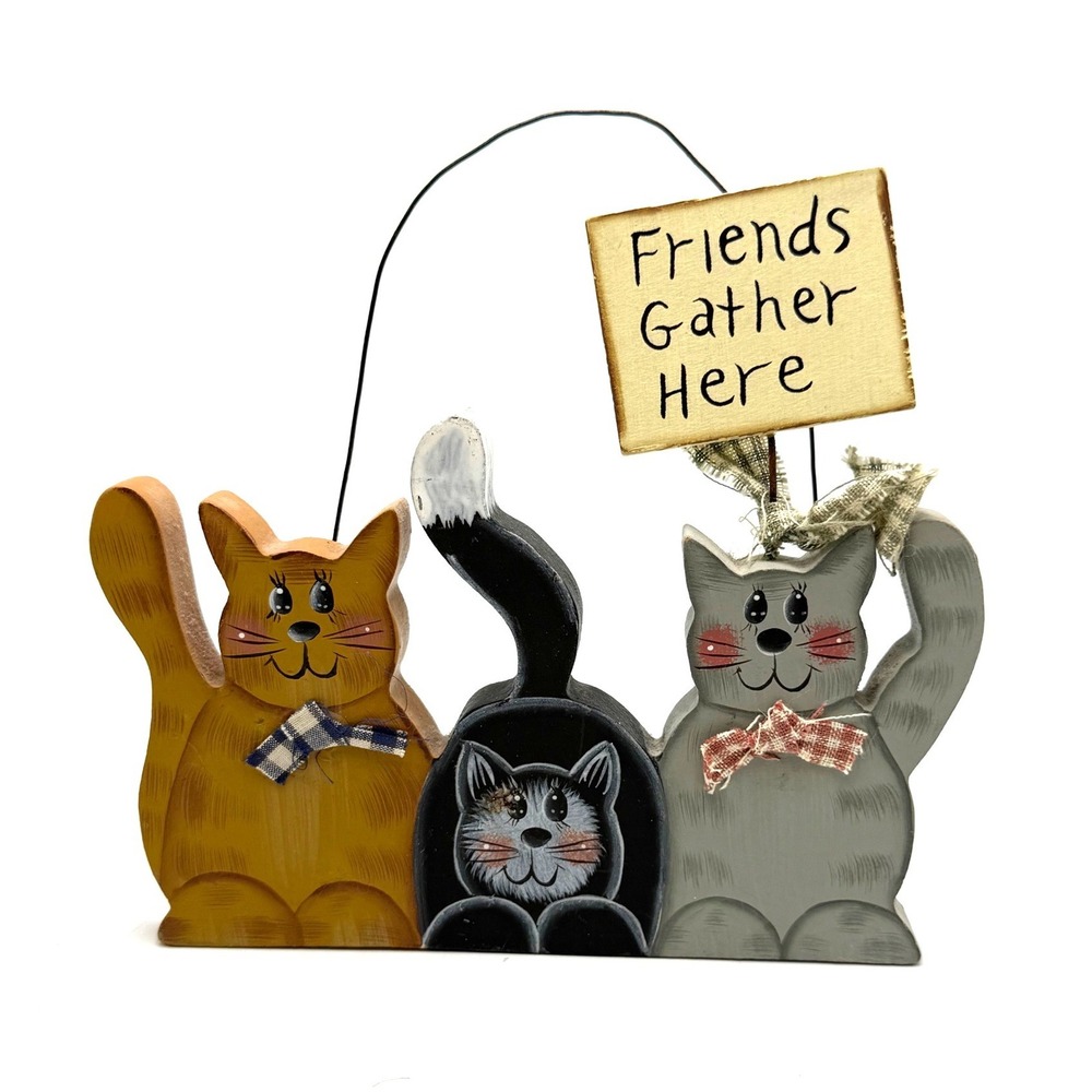 Vintage Primitive Wooden Cat Trio Figurine Friends Gather Here Rustic Decor